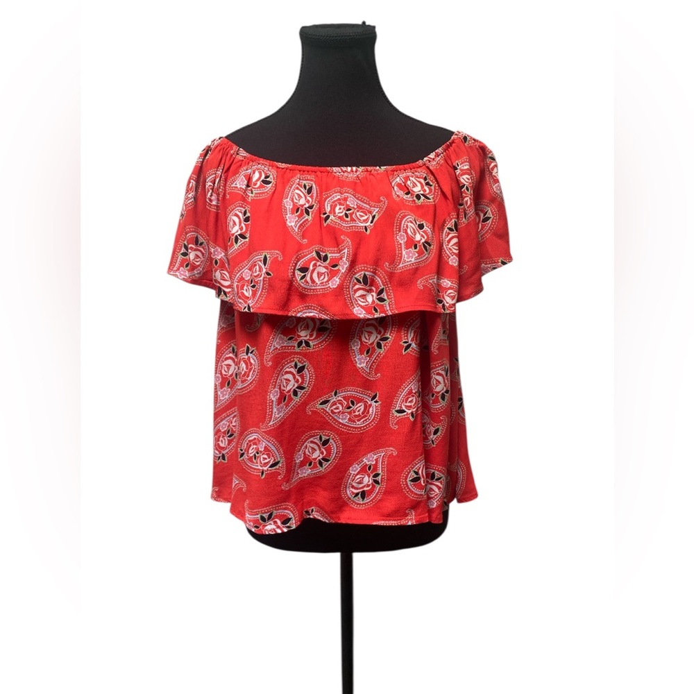 Honey Punch Red Patterned Off-Shoulder Blouse GUC M
